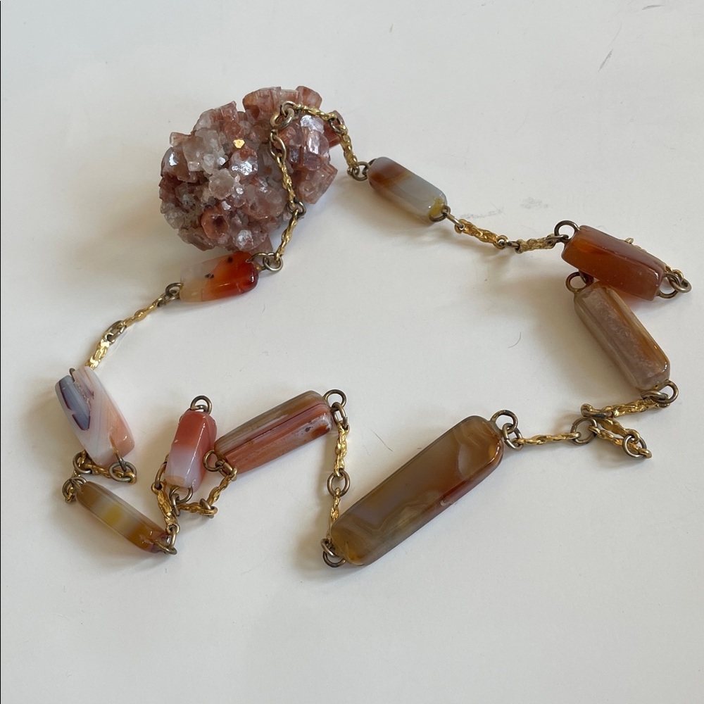 Vintage Polished MultiColored Agate Tube Beads Gold Tone Chain Sections Necklace
